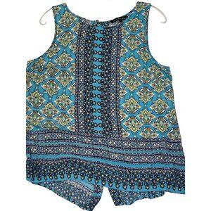Ava Christine Sleeveless Boho Print Top Size M Button Back Blue/Yellow crew